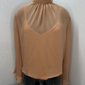 Anthropologie Women’s High-Neck Sheer Long-Sleeve Blouse – Rose Pink – Size XL